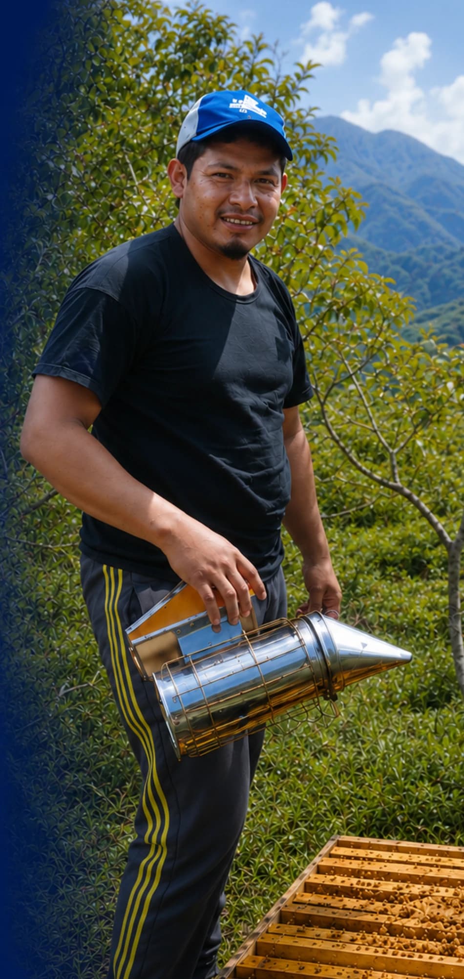 Apicultor boliviano trabajando entre sus colmenas en la montaña
