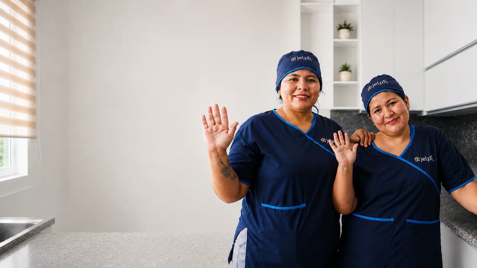 Dos trabajadoras bolivianas de una empresa de limpieza saludando a la cámara